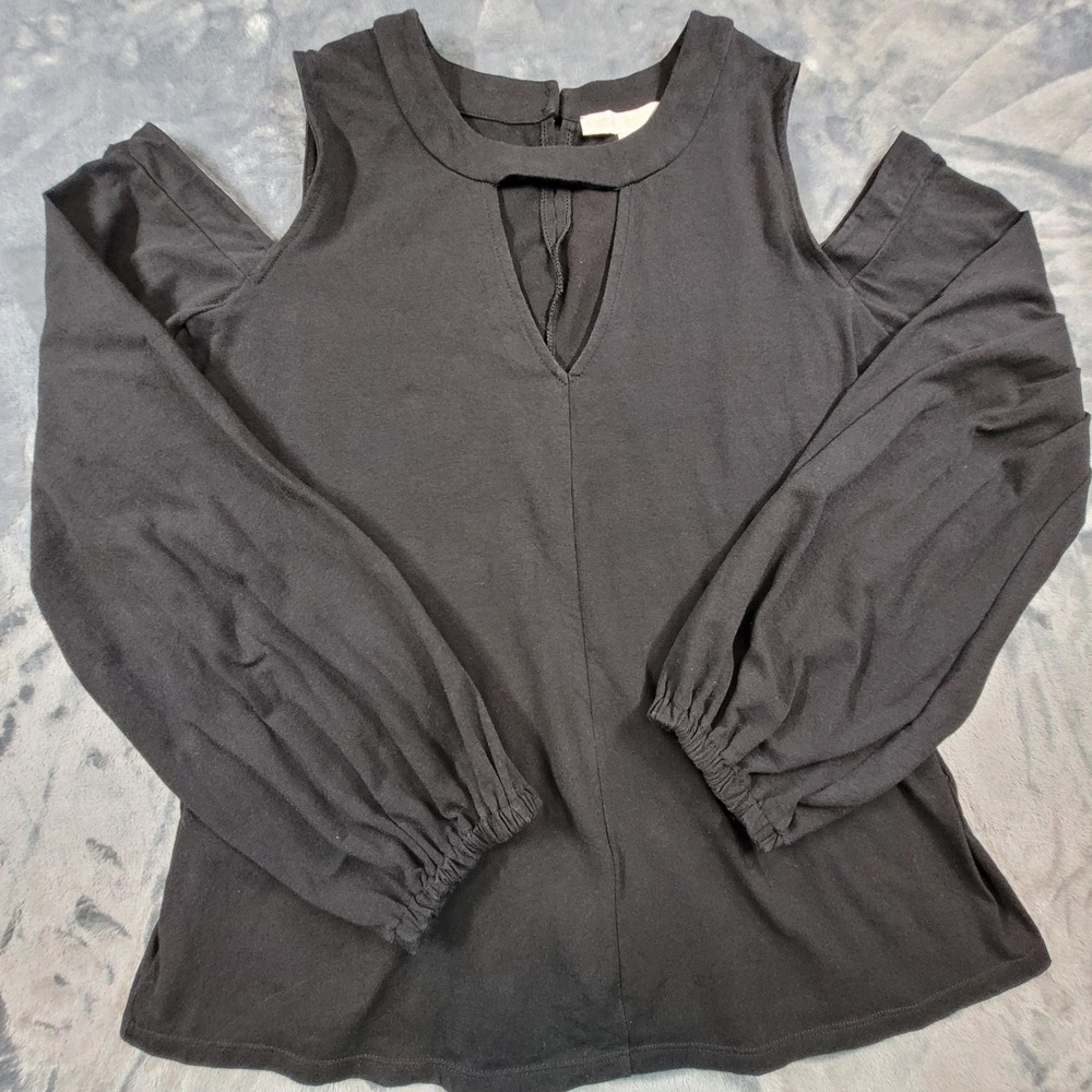 Boston Proper Black Cold Shoulder Puff Sleeve V-Neck Top Large Cotton Blend